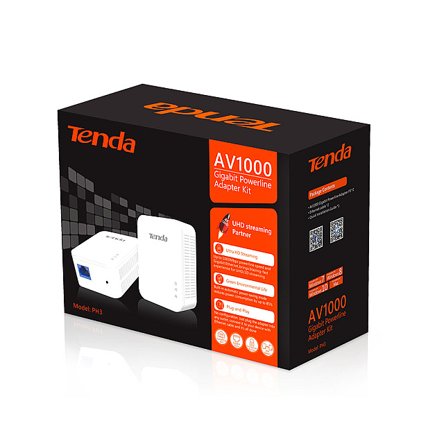 Tenda PH3 - AV1000 Gigabit Ethernet Powerline Adapter Kit For Wired Network Extender Solution