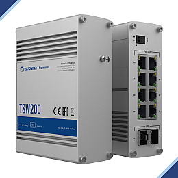 Teltonika TSW200: Unmanaged Industrial Active PoE+ 8-port Switch With Two (2) SFP Ports